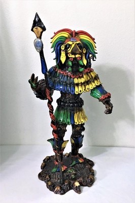 HAND MADE AZTEC MAYAN WARRIOR STATUE BIRD HEADRESS OBSIDIAN STONES COZUMEL 25''