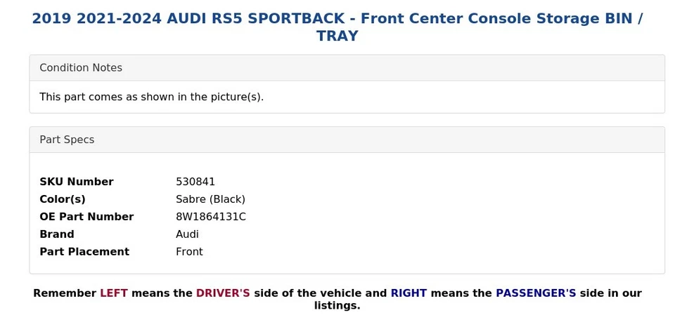 AUDI RS5 SPORTBACK 2019 2021-2024 - Consola central delantera contenedor/bandeja de almacenamiento Foto 4 de 4