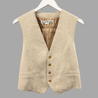 ACNE STUDIOS Beige Wool Blend Gold Back Logo Print Vest Sz IT 46 US S