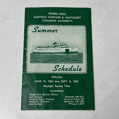 Vintage 1963 Martha's Vineyard Nantucket Woods Hole Ferry Summer Schedule Cape