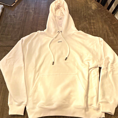Off-White Men's White Off Stamp Pullover Hoodie L Cotton Fleece Logo Pocket