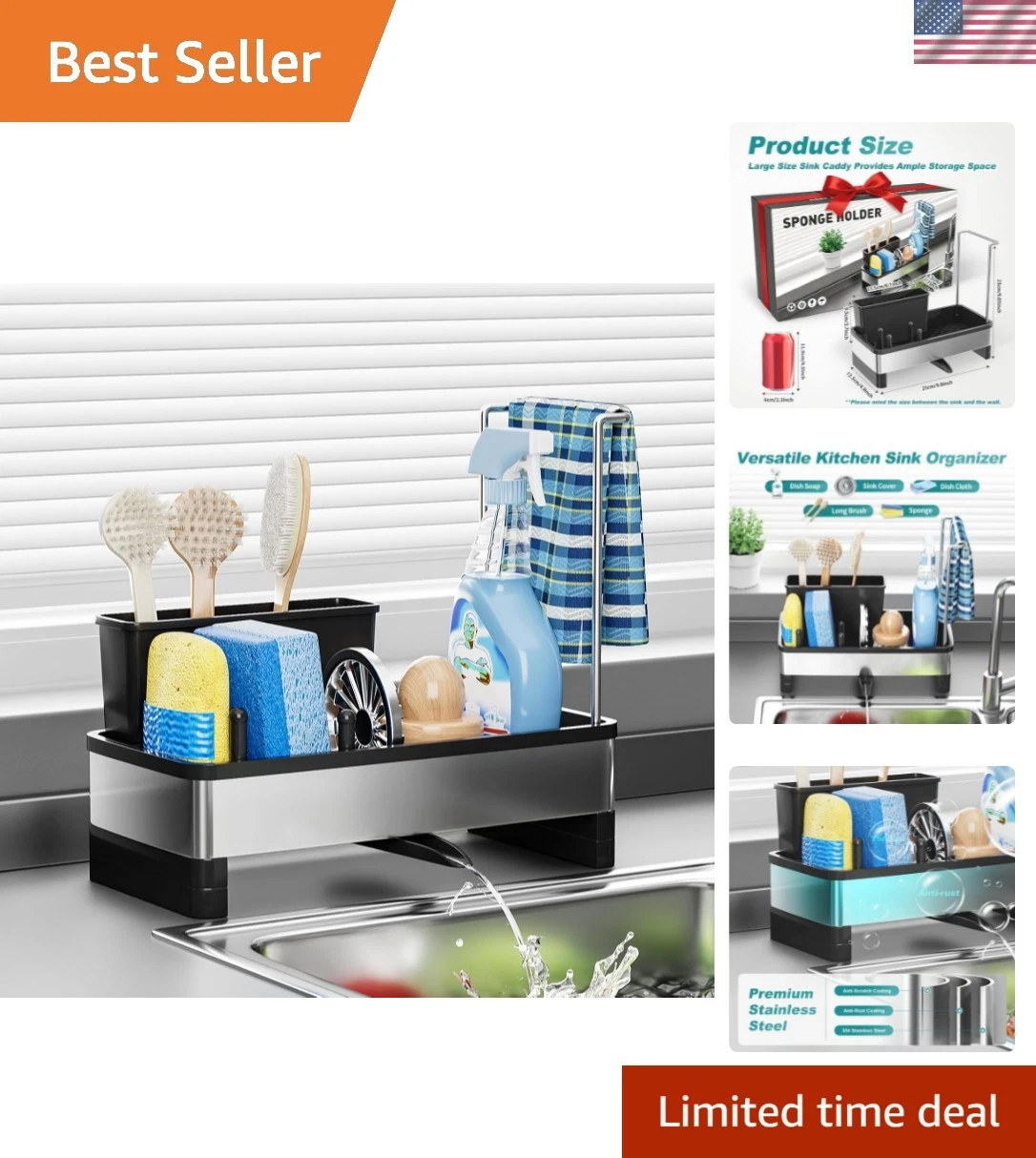 Stainless Steel Sink Caddy, Sponge Holder for Kitchen Sink with Brush Holder ...