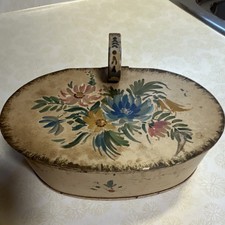 Vintage Floral Toleware Decorative Tin Box with Hand Painted Lid & Handle