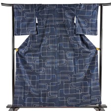 JAPANESE KIMONO TSUMUGI NAVY BLUE 159cm 5 ft 3 in PURE SILK B0061