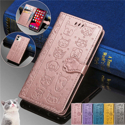 Leder Katze Hund Flip Wallet Cover Hülle für iPhone 17 16 15 14 13 12 11 Pro Max