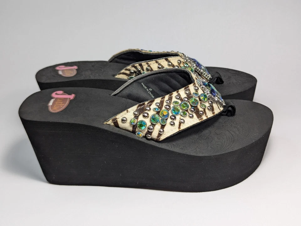 Justin Western Flip Flops Rhinestone Cross Platform Women's Size 6 - Image 2 of 4