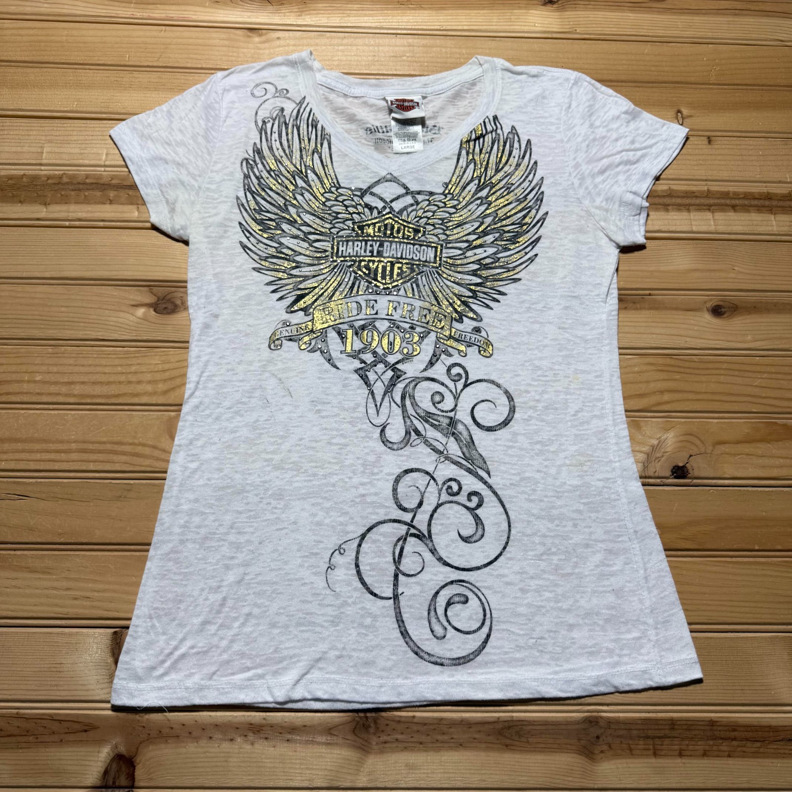 Harley-Davidson Black Hills Ride Free Eagle Wings Embellished T-Shirt USA Large
