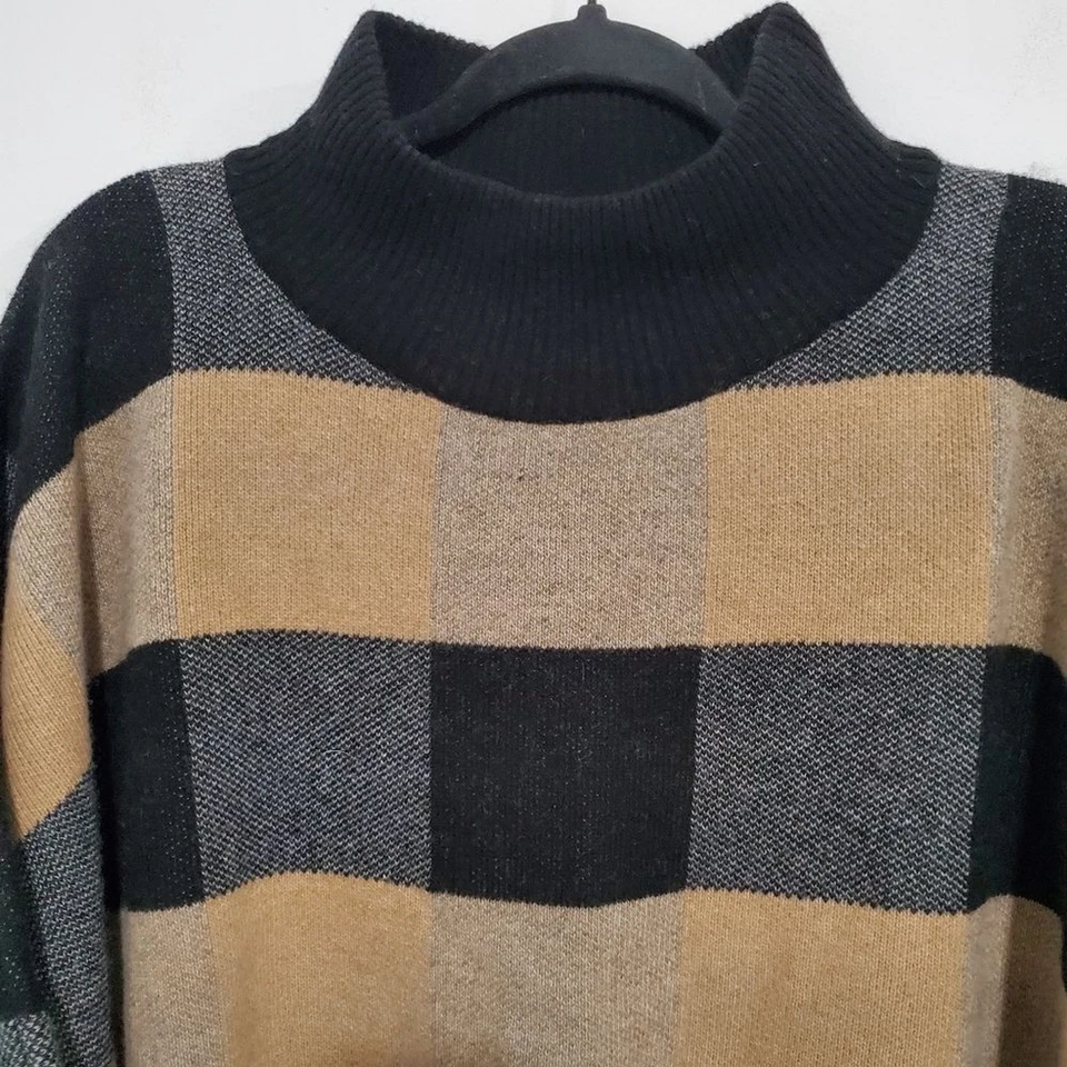 Plaid Mock Neck Sweater One Size Poncho Style - Black and Tan Wool And Cashmere - Image 3 of 4