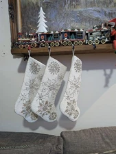 Pier One White And Silver Beaded- Embellished -Christmas-Holiday Stocking x TWO