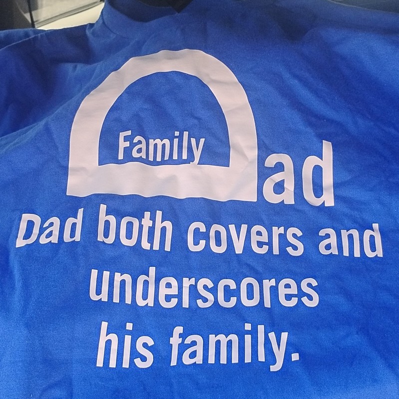 Men's L Blue/White Cotton Knit Crew Neck Short Sleeve Dad Family Graphic Tee