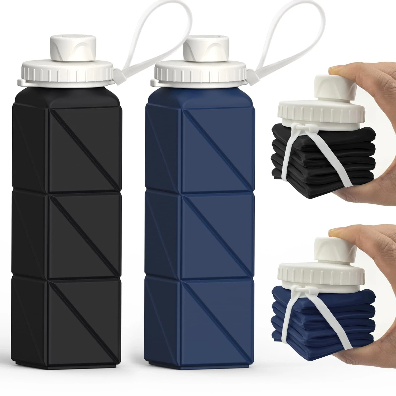 Collapsible Silicone Water Bottles 20.6oz, Leakproof, Portable, 2 Pack