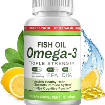 Omega 3 Fish Oil Capsules 3x Strength 2400mg EPA DHA Highest Potency 60 Softgels