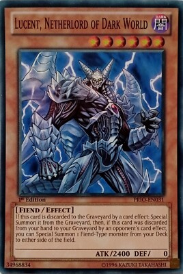 PRIO-EN031 LUCENT, NETHERLORD OF DARK WORLD SUPER RARE 1ST EDITION YuGiOh CARD