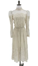 Country Elegance Vintage Ivory Lace Victorian Midi Dress Puff Sleeve Sz S