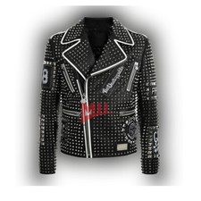 Handmade Men's Black Studded Embroidery Patches Biker Cowhide Leather Jacket