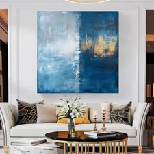 Hand Painted Abstract Blue With White Oil Painting On Canvas Thick Textured