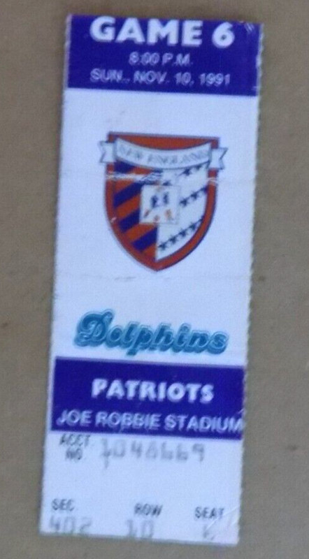 1991 Patriots @ Dolphins Ticket Stub ROOKIES BEN COATES TE/NE & BRYAN COX LB/MIA