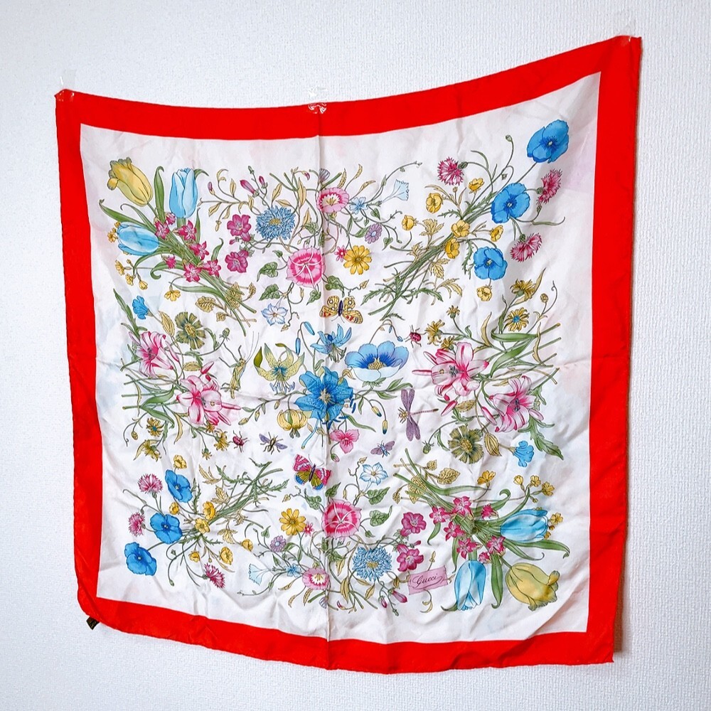 Auth GUCCI Large Scarf Shawl Floral Botanical Silk Red Good