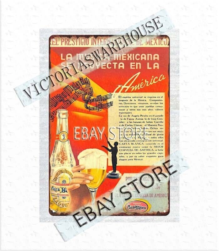 Vintage Mexico Cerveza Carta Blanca Beer Metal Tin Wall Art Sign-image