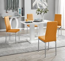 Image of IMPERIA White High Gloss Dining Table & 4 Faux Leather Milan Dining Chairs
