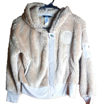 Guess Girls Hooded Jacket Size L 14 Brown Super Soft Zip and Snaps NEW with Tags