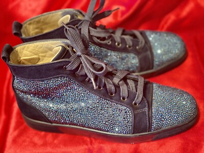 Men's High Top Crystal Sneakers Blue Suede Bling Shoes Red