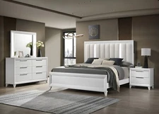 5Pc White Finish King Size Bedroom Set Built in Lighting HB Upholstered Bed