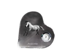 Andalusian - crystal clock with a picture of a horse, heart-shaped shelf clock, 