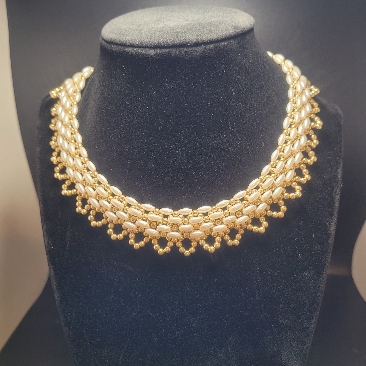 Vintage Pearl Gold Seed Bead Collar Choker Necklace Victorian Elizabethan
