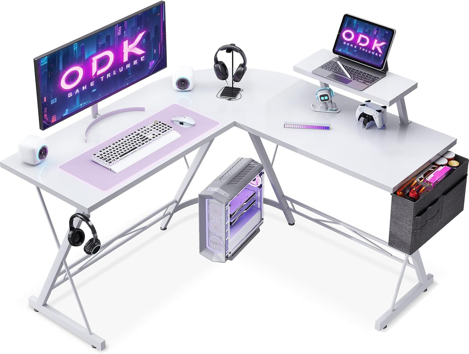 Bureau gaming avec support pour moniteur amovible et sacoche en tissu rigide
