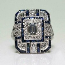 2.50CT White Emerald Cut CZ Blue Sapphire Art Deco Engagement Ring In 925 Silver