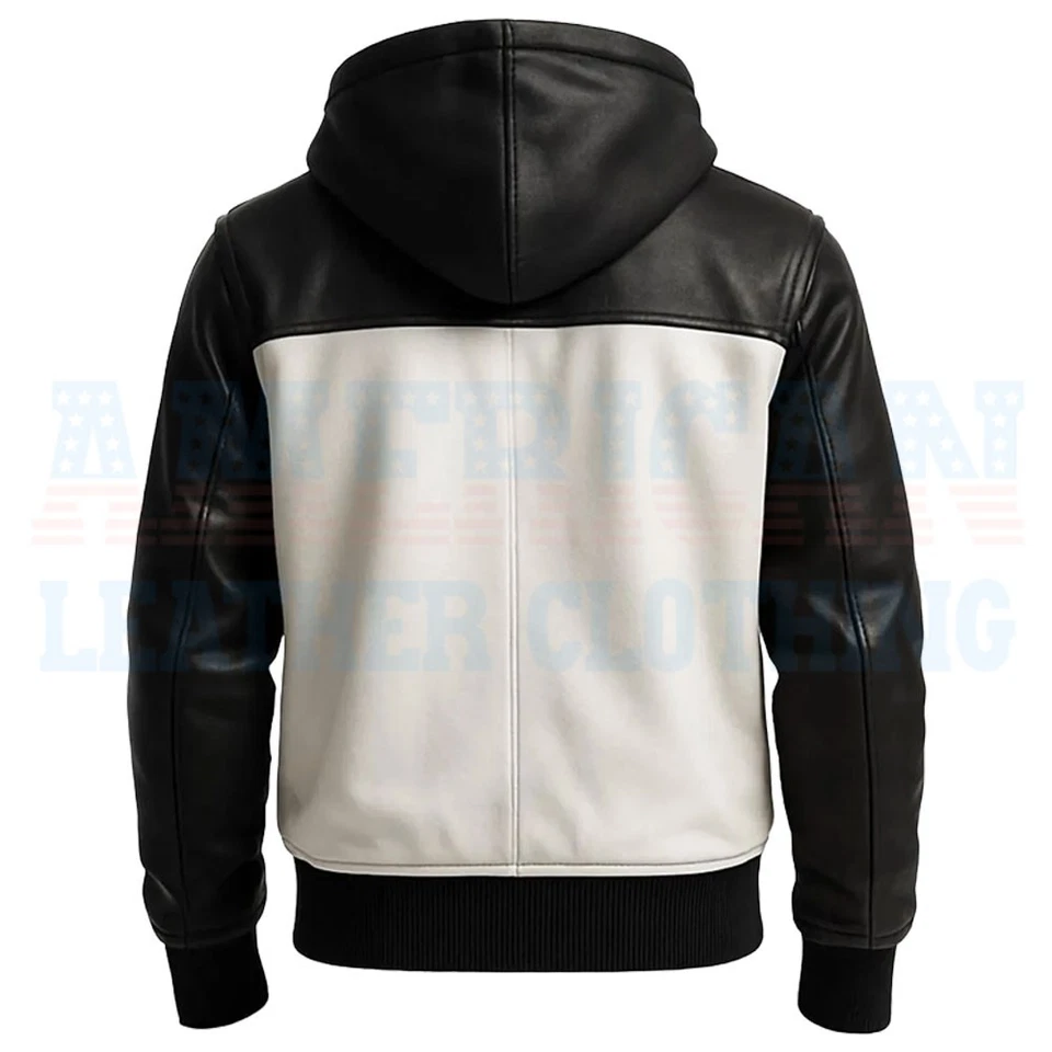 Men’s Black & White Leather Jacket with Removable Hood Handmade Two Tone Bomber - Image 3 of 3