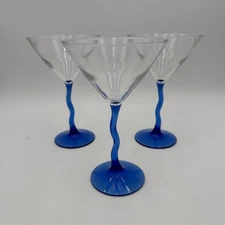 Libbey Martini Glasses in Courbe Pattern Blue Stem Set of 3