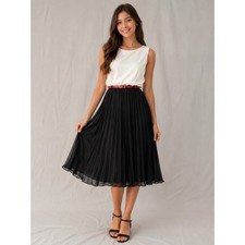Shelby & Palmer Womens Colorblock Pleated Midi Dress White Black Red Belt 14