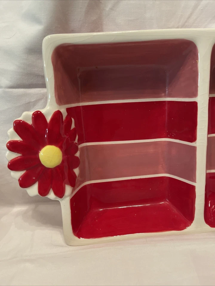Ceramic 3 Section Appetizer Serving Dish Tray Red Flower Handles Brunch Spring - Image 4 of 4