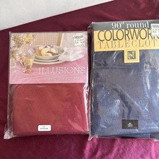 Two New 90" Round Tablecloths - Blue Colorworks /Red Bardwil Cotton Blend NWT