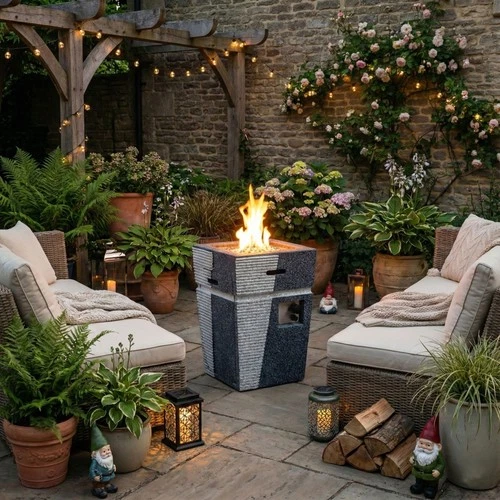 Modern Outdoor Gas Firepit & Patio Heater - Grey includes Cover - Garden Heater