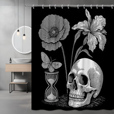 Skull Flower Butterfly Shower Curtain Black White Gothic Art