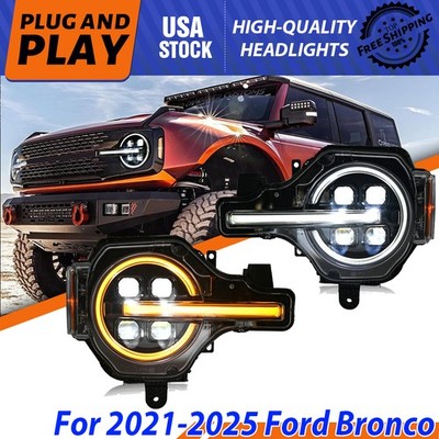 2X LED Headlights Turn/DRL/Hi/Low For 6th Gen Ford Bronco 2021-2025 Front Lamps