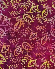 Kaufman Artisan Batik, Leaves in Yellow, Orange, Pink on Raspberry, by HALF yd