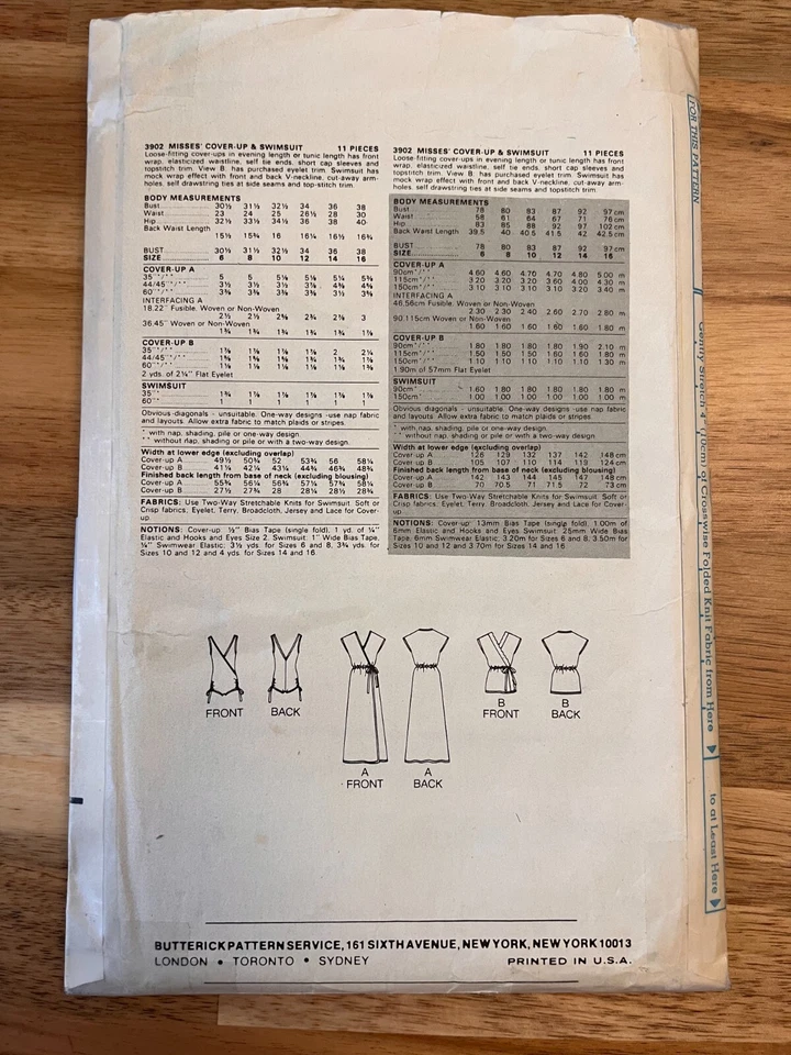 BUTTERICK 3902 UNCUT/FF Sewing Pattern COVER-UP SWIMSUIT Size:10 - Image 2 of 2
