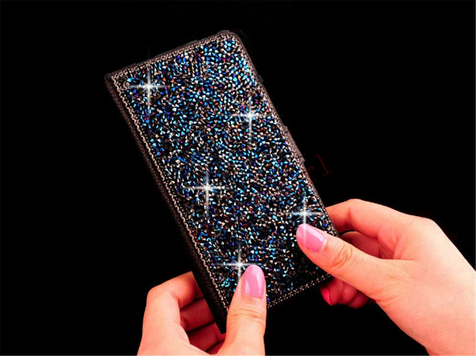 Para mujeres Lujo Diamante Abatible Cuero Brillante Brillo Cartera Estuche Soporte Cubierta Foto 2 de 4