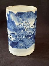 Antique Chinese Blue and White Porcelain Brush Pot. Several marks
