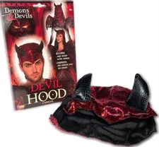 Adult RED DEVIL HOOD With Black Horns Headpiece Hat Satan Demon Fabric Costume