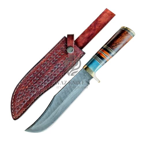 Damascus Hunting Knife Fixed Blade Hand Forged Bowie Knife W Leather Sheath - Afbeelding 1 van 7