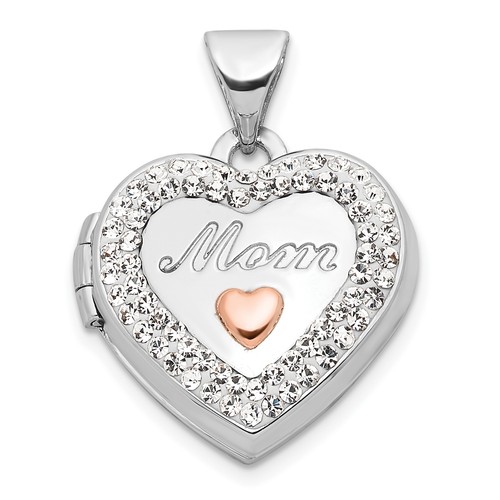 14K White Gold w/ Rose Rhodm Plated Crystal 16mm MOM Heart Locket Pendant - 21mm