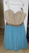 City Studio Juniors 3 Beige/Blue Lace Tulle Fit & Flare Sweetheart Dress