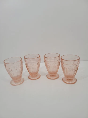 Depression Jeannette Glass Pink Floral Blossom Footed Tumbler Glasses Set Of 4