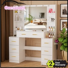 Vanity Dressing Table w/Mirror &11 LED Bulbs 7 Drawers &Gold Pull Makeup Desk UK