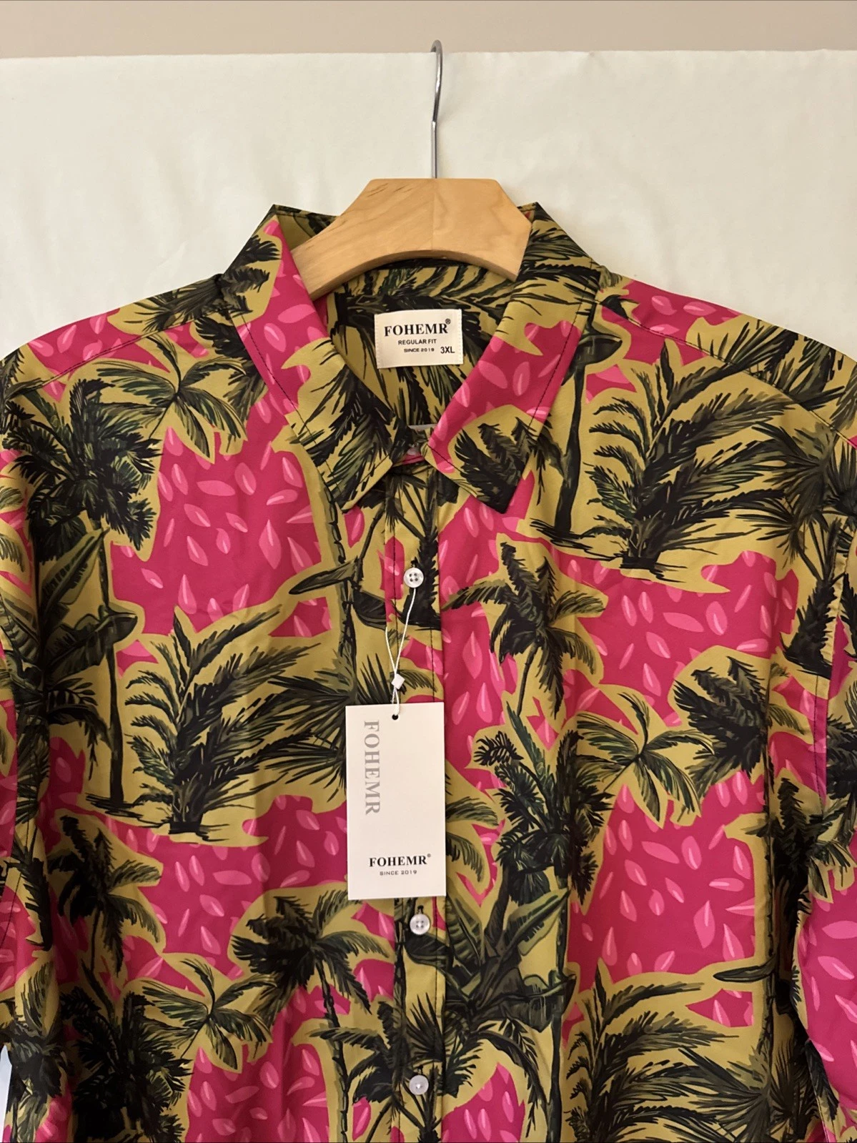 Mens Hawaiian Short Sleeve 3XL Green/Pink Palm Trees Fohemr NWT